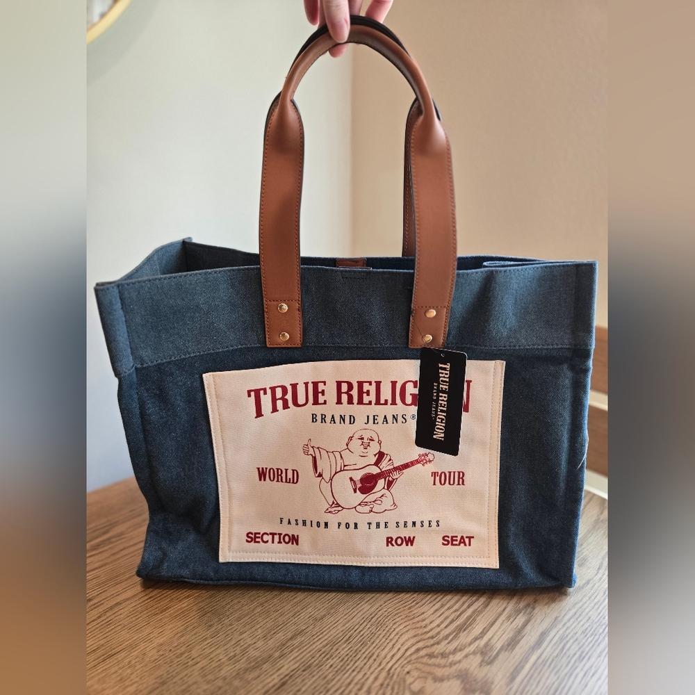 True Religion Blue Denim Tote with Cream Patch and Brown Leather Handles